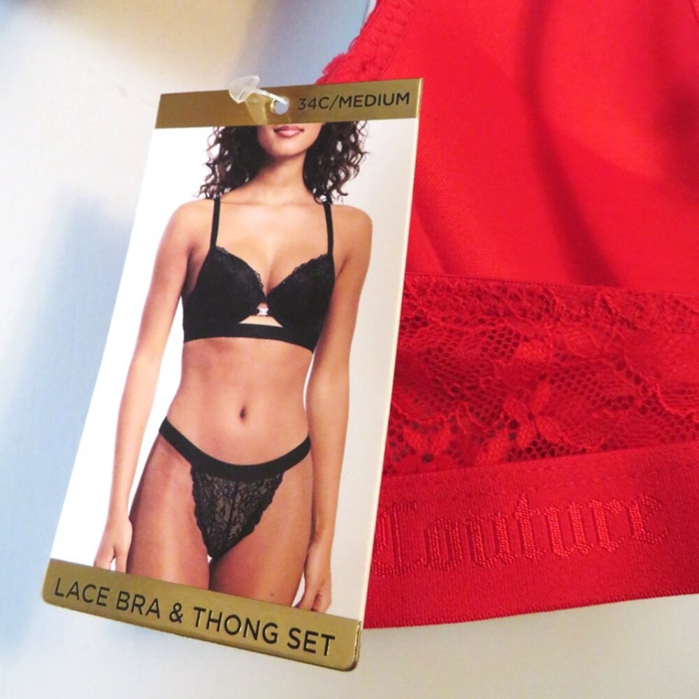 NWT Juicy Couture Valentine 2 Pcs Bra & Thong Set Red w/ Bling‎ 34C / Med